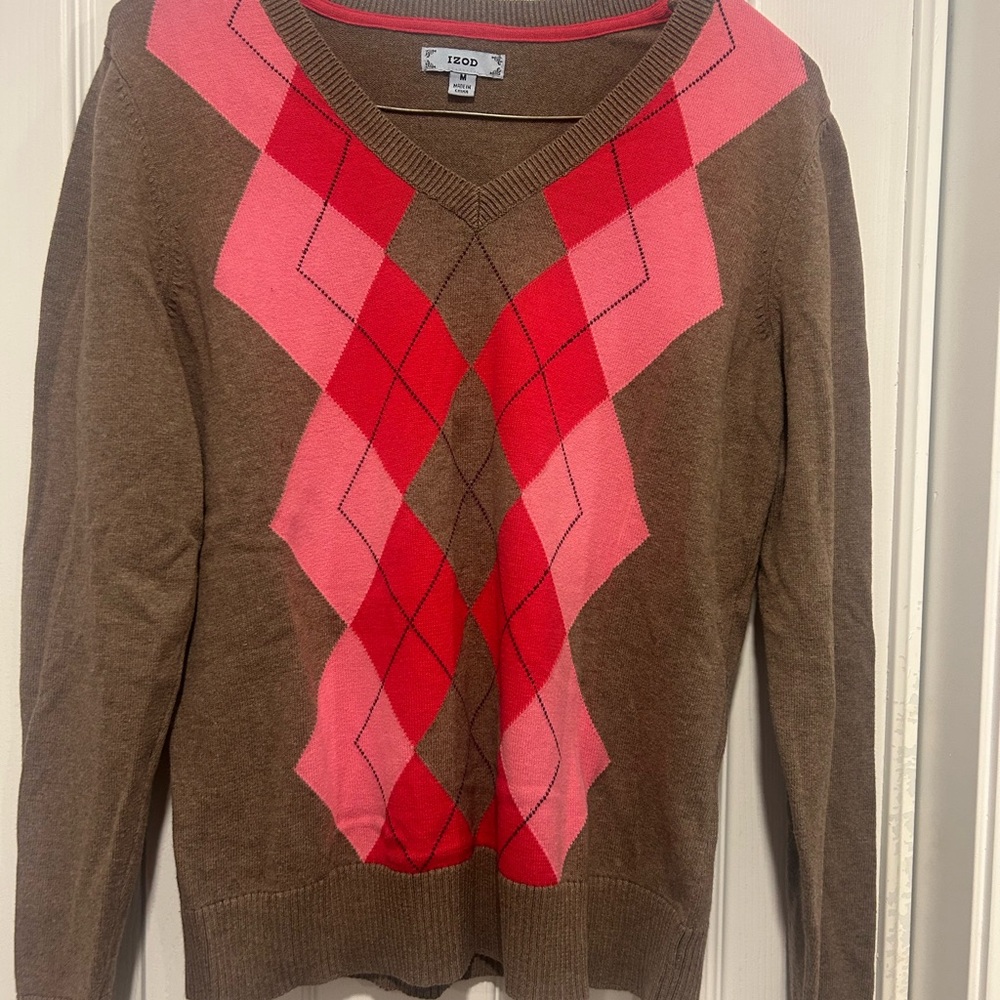 Izod Brown and Pink V-Neck Argyle Sweater